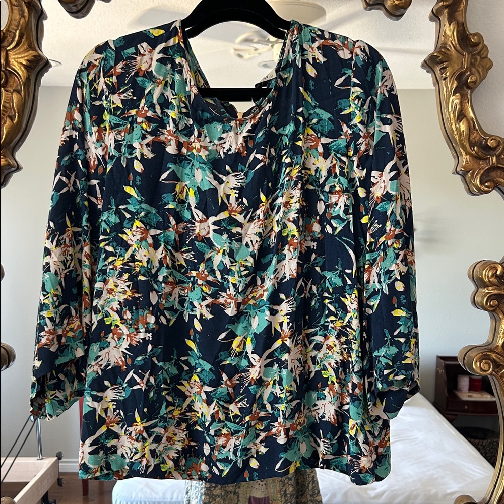 Anthropologie Navy Floral Blouse with Teal & White Botanical Print